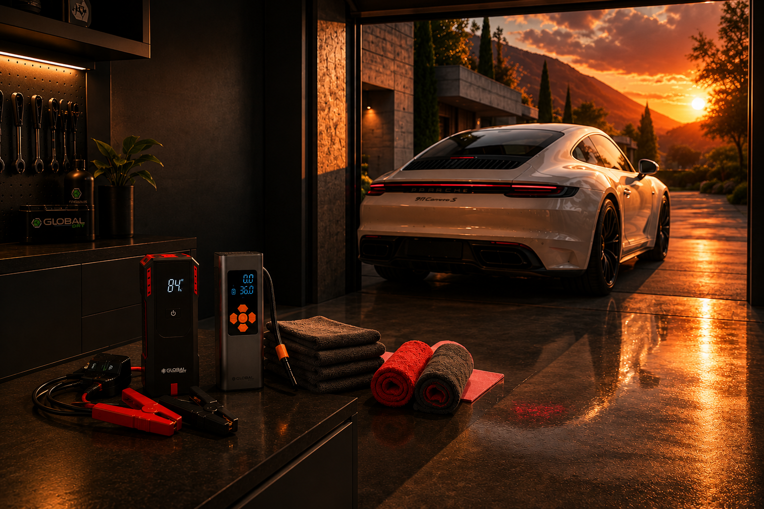 White car at sunset outside a garage with Global DRT jump starter, portable air compressor, and microfiber detailing towels on the workbench