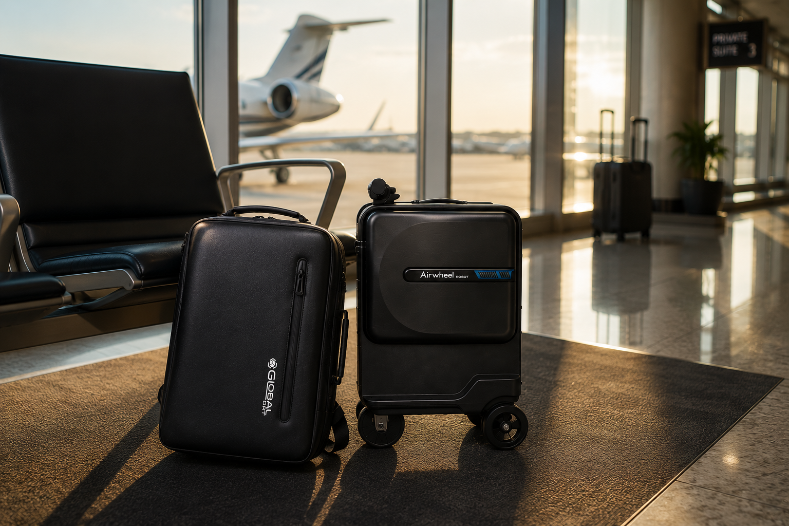 Global DRT backpack and Airwheel smart luggage in an airport terminal with an airplane visible through the windows