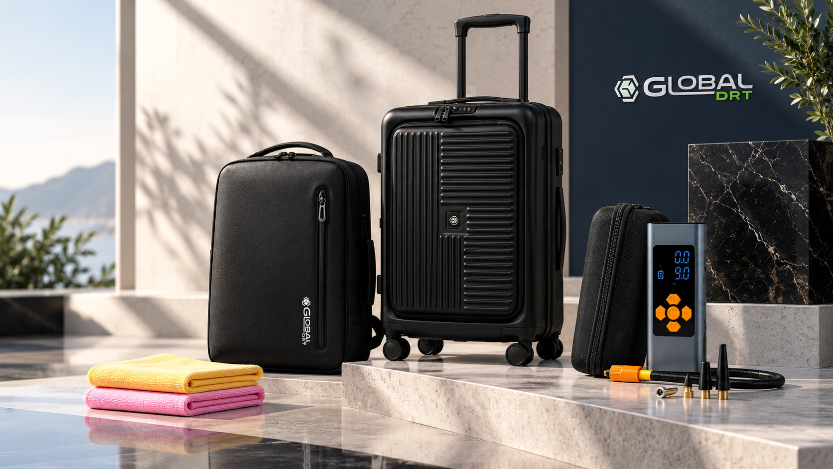 Global DRT architectural campaign: carry-on suitcase, travel backpack, portable tire inflator, microfiber towels and Global DRT branding arranged on tiered stone platforms